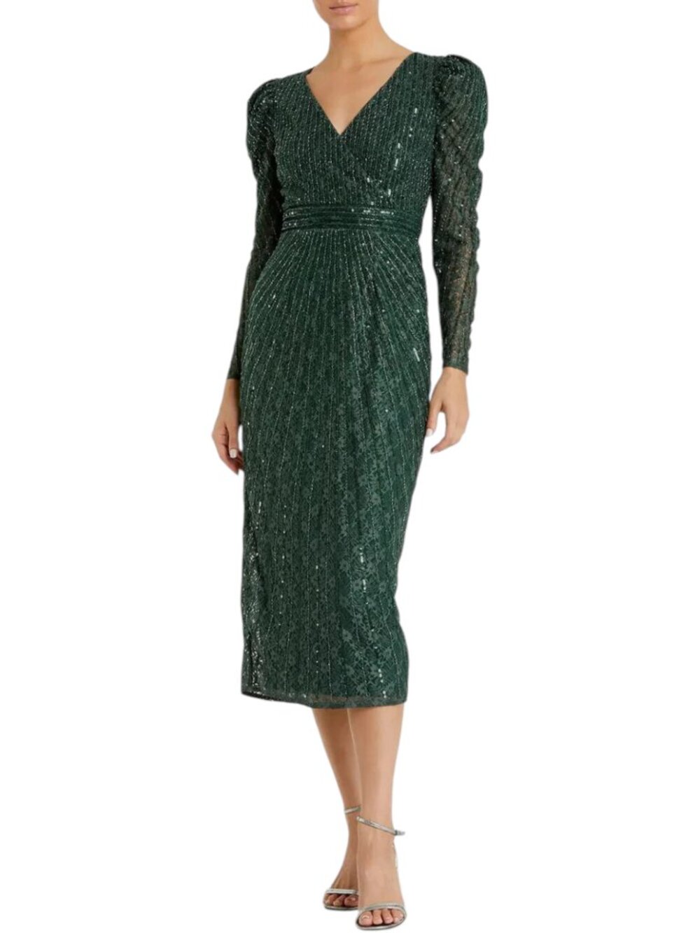 Mac Duggal Long Sleeve Midi Dress Green V-Neck Sheath Sequin Lace 93676 Size 2
